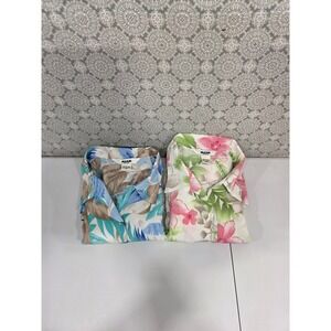 2- Alia Petites Floral Blouse Top Womens 10P Beige Pink Green Sheer Short Sleeve